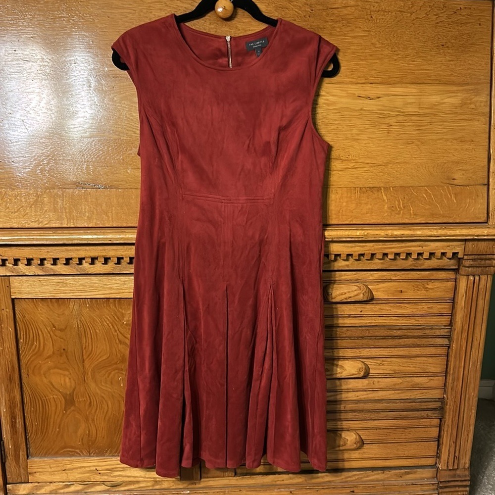 The Limited Collection Elevated Burgundy Faux Suede Fit and Flare Pleated Dress